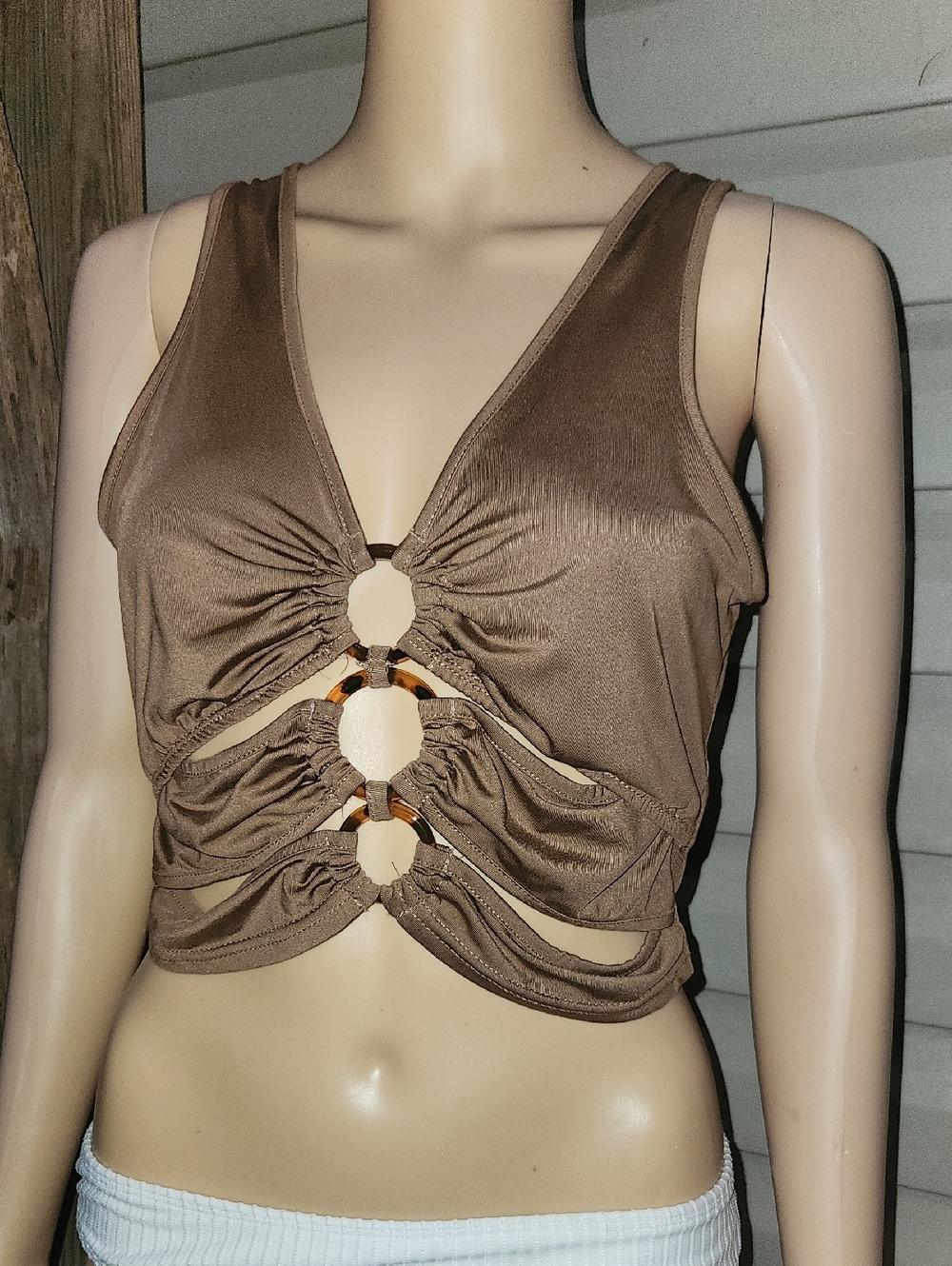 SHEIN Brown Ruched Ring-Detail Crop Top